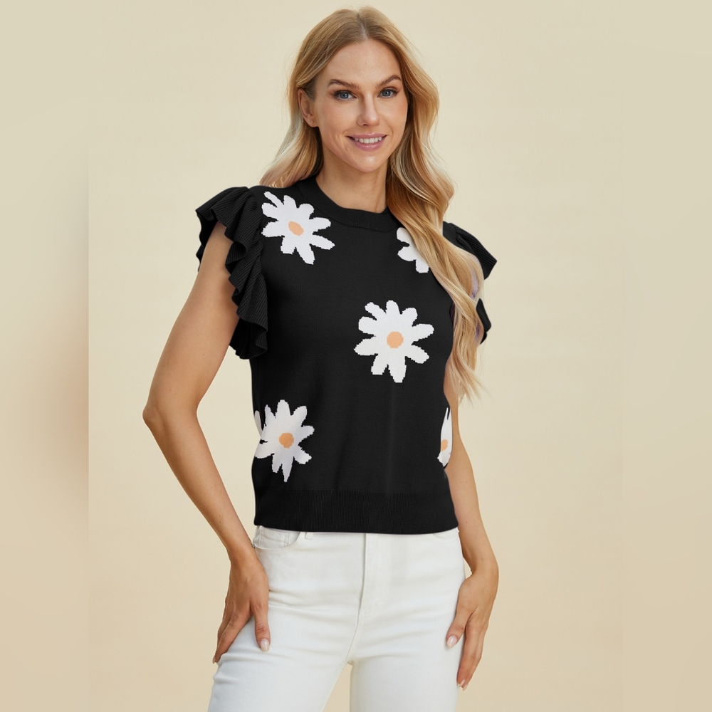 Double Take Full Size Ruffled Flower Round Neck Cap Sleeve Sweater - Picture 3 of 11